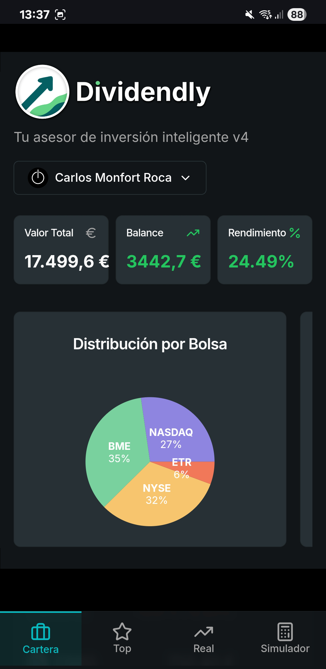 Captura de pantalla de la app móvil de Dividendly - Inicio